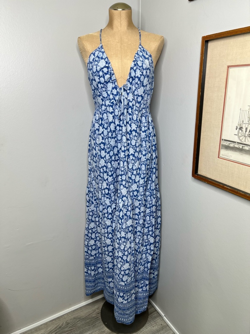 Sim & Sam Linen Blend Maxi Dress in Blue Floral size XL